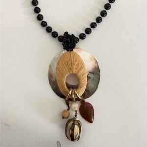 Handmade Black Bead Necklace with Gold and Iridescent Shell Pendant